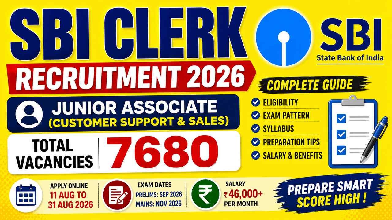 Sbi clerk recruitment 2026 apply online last date | 7680 Vacancies, Eligibility, Salary, Exam Pattern and Apply Online